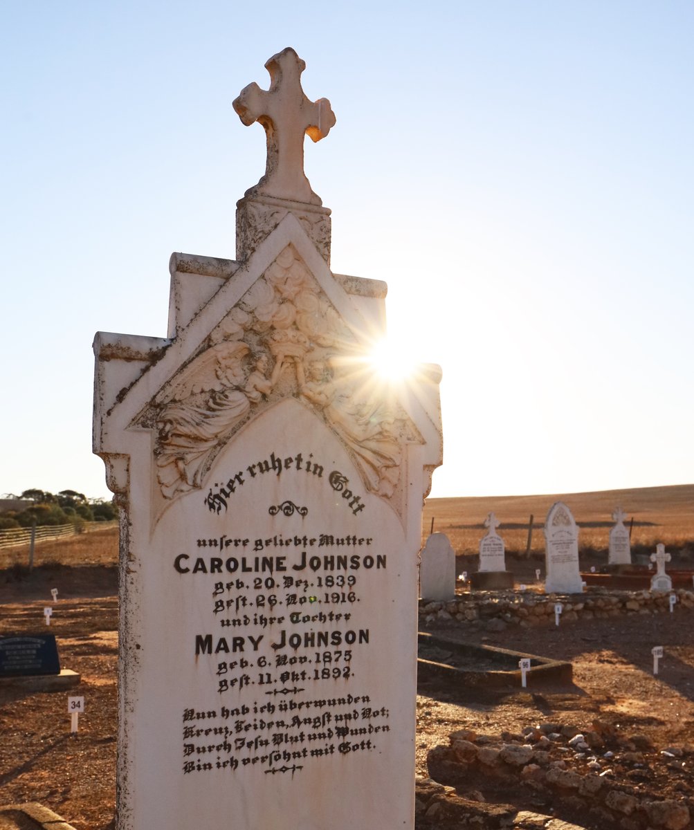 German text on gravestones at the Australia Plains Cemetery, South Australia. German Lutherans settled in this area, beyond Goyder's Line, in the late 1800s. Traditional lands of the Ngadjuri people.