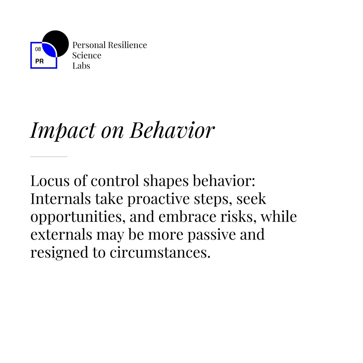 Did you know your locus of control influences your behavior? Internals take charge, seeking opportunities and embracing risks, while externals may feel resigned to circumstances.
#LMSL #LifeManagementScienceLabs #PersonalResilienceScienceLabs #Resilience #Facts  #LocusOfControl