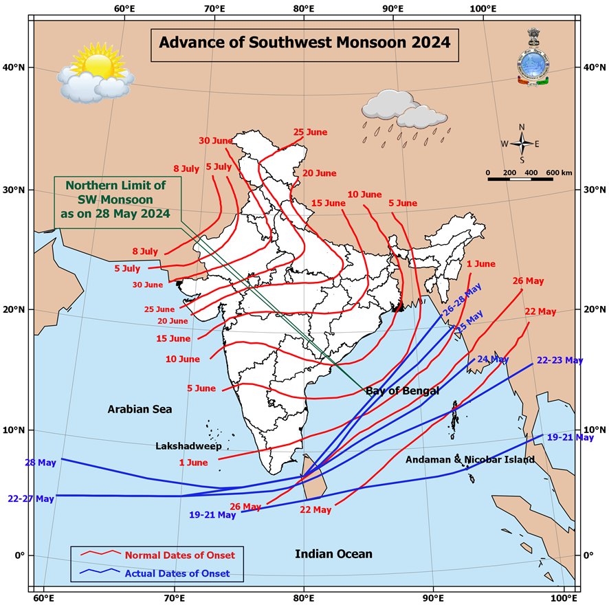 South West Monsoon has further advanced into some more parts of South Arabian Sea & Maldives area today, the 28th May as per IMD The conditions continue to be favourable for the further advancement of Southwest Monsoon into some more parts of South Arabian Sea, remaining parts