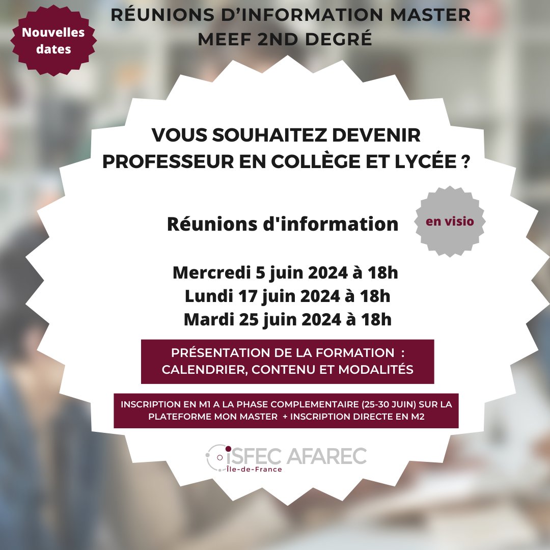 ISFEC_AFAREC's tweet image. Master MEEF 2nd degré | 3 nouvelles dates de réunions d&apos;information en visio :  les 5, 17 et 25 Juin 2024 à 18h   
▶Inscrivez vous via ce lien : urlz.fr/qRhJ 

#reunioninformation #ISFEC #MonMaster #enseignementcatholique #ICP #Sorbonne #professeur #college #lycee