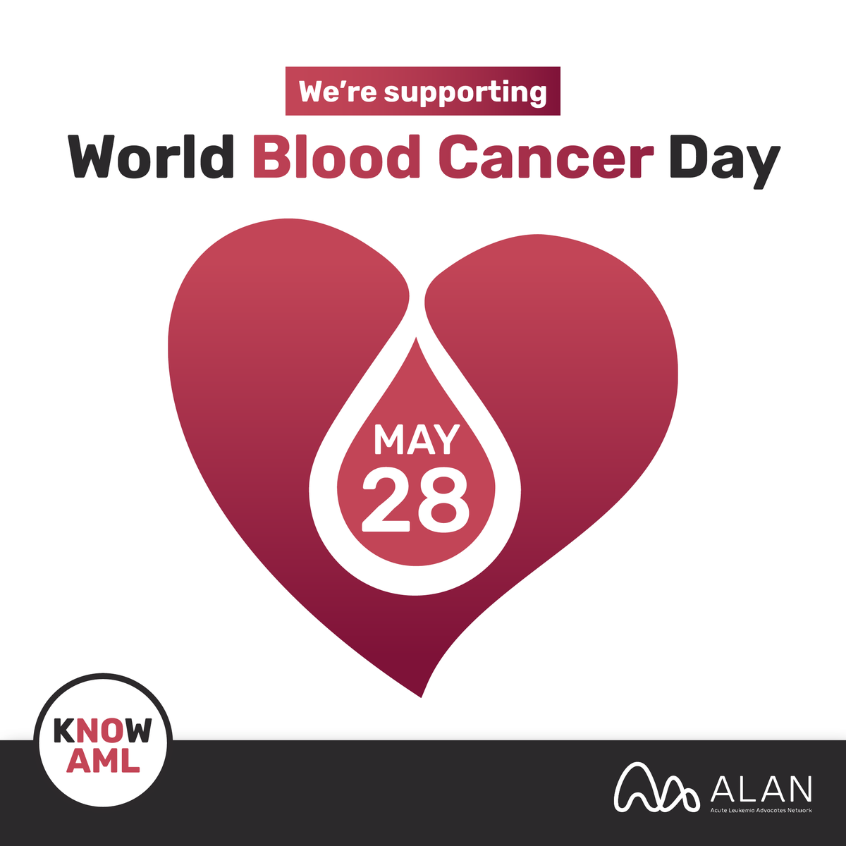 #KnowAML are supporting #WorldBloodCancerDay! There are 3 main types of #BloodCancer: leukemia, lymphoma, and myeloma. They can either be fast growing (acute) or slow growing (chronic). #AcuteMyeloidLeukemia can develop quickly and may need urgent treatment. To learn more,