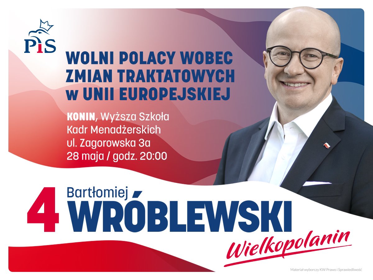 Pozdrawiam z kampanijnego szlaku 🙂 A Wolnych Wielkopolan zapraszam na spotkania dziś we wtorek w Turku (17.30) i Koninie (20.00), jutro w środę w Pleszewie (17.30) i Jarocinie (20.00) 🤝 Do zwycięstwa 🇵🇱✌️
