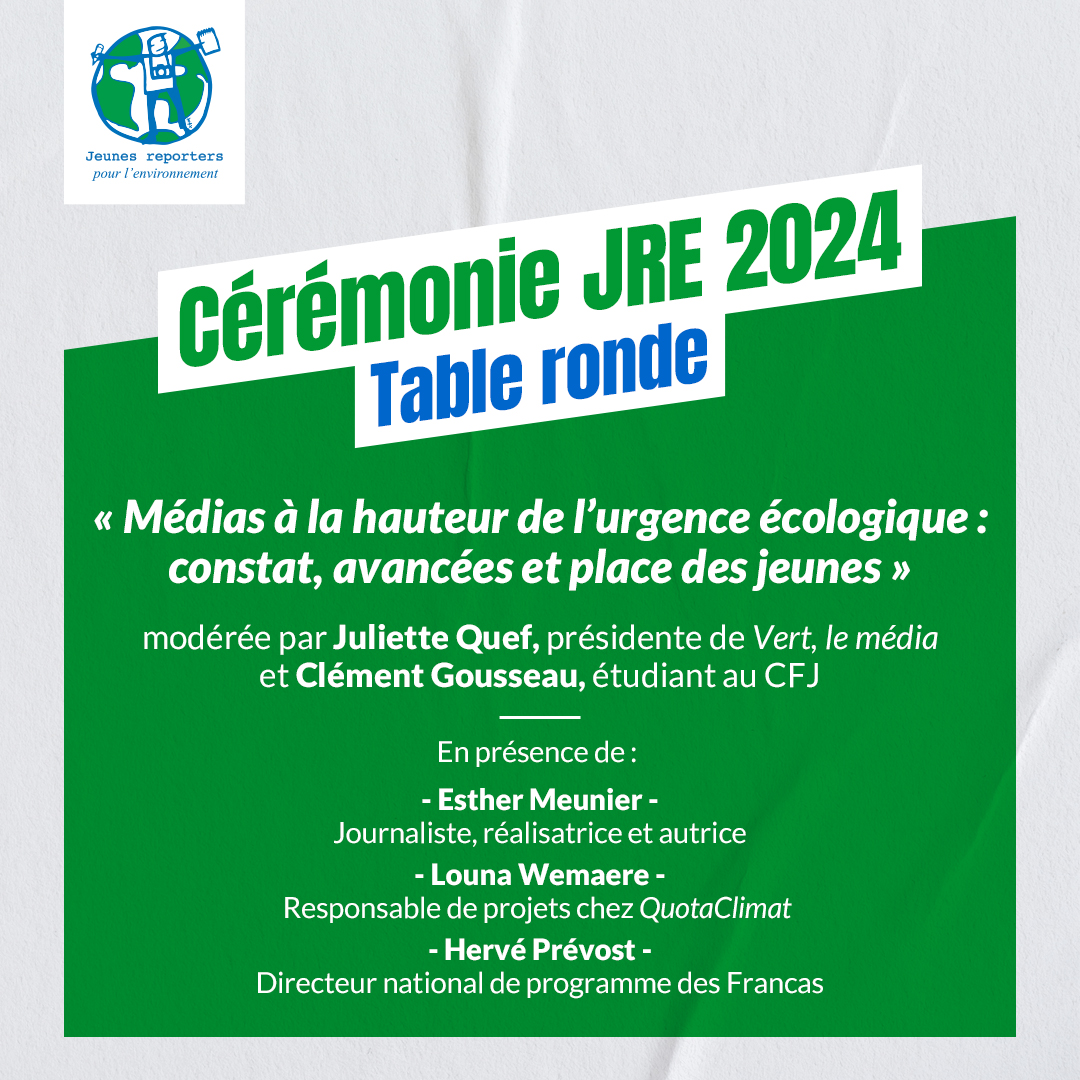 J-8... Il est encore temps de vous inscrire à la cérémonie du #concoursJRE 2024 ! 
L'occasion d'assister à une table ronde liant médias et urgence écologique🌱

📅 5 juin 2024 dès 14h30
📍 Cité des sciences (Paris) et en visio
👉 Inscription sur : forms.office.com/e/f1GEcvBDyD