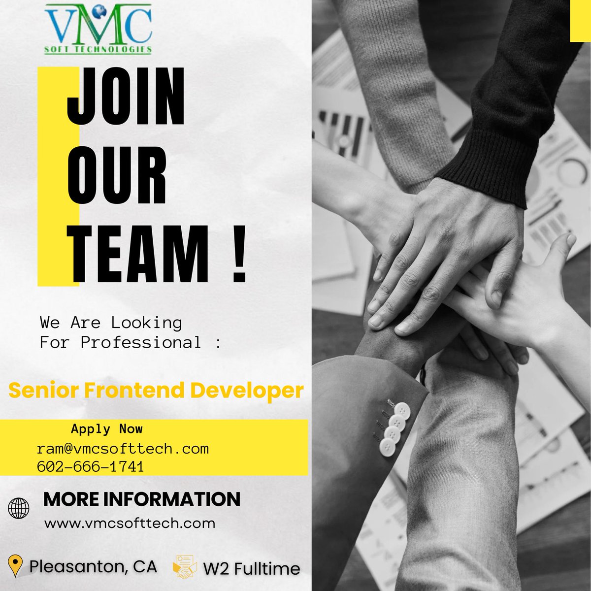 VMC Soft Technologies looking for a Senior Frontend Developer in Pleasanton, CA Job Title: Senior Frontend Developer Locations: Pleasanton, CA Contract: W2 Full-Time For more details: ram@vmcsofttech.com/ 602-666-1741 ..... Apply Now: vmcsofttech.com/careers/ #frontend #css