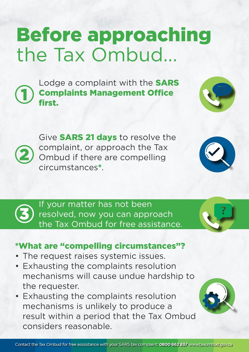 Ensure you have exhausted SARS's complaints processes before approaching the Tax Ombud. For an explanation of how and when you can lodge a complaint, go to taxombud.gov.za/simpleguide/ #TaxpayersRightsMatter