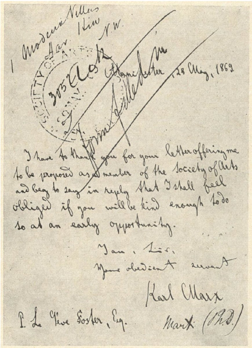 #OnThisDay in 1869, philosopher #KarlMarx became a member of the Society. Here is the letter he sent accepting the offer of membership.