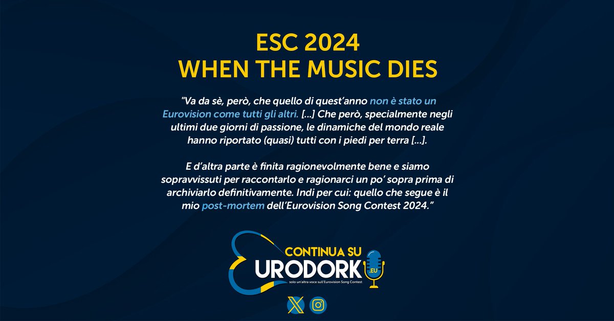 EURODORK. #024 - 'ESC 2024 - When The Music Dies'

L'edizione più polemica e controversa dell'Eurovision Song Contest si è conclusa ormai da due settimane. Che dite, ne parliamo un po'? 🤷‍♂️

#eurovision #escita

eurodork.eu/2024/esc-2024-…