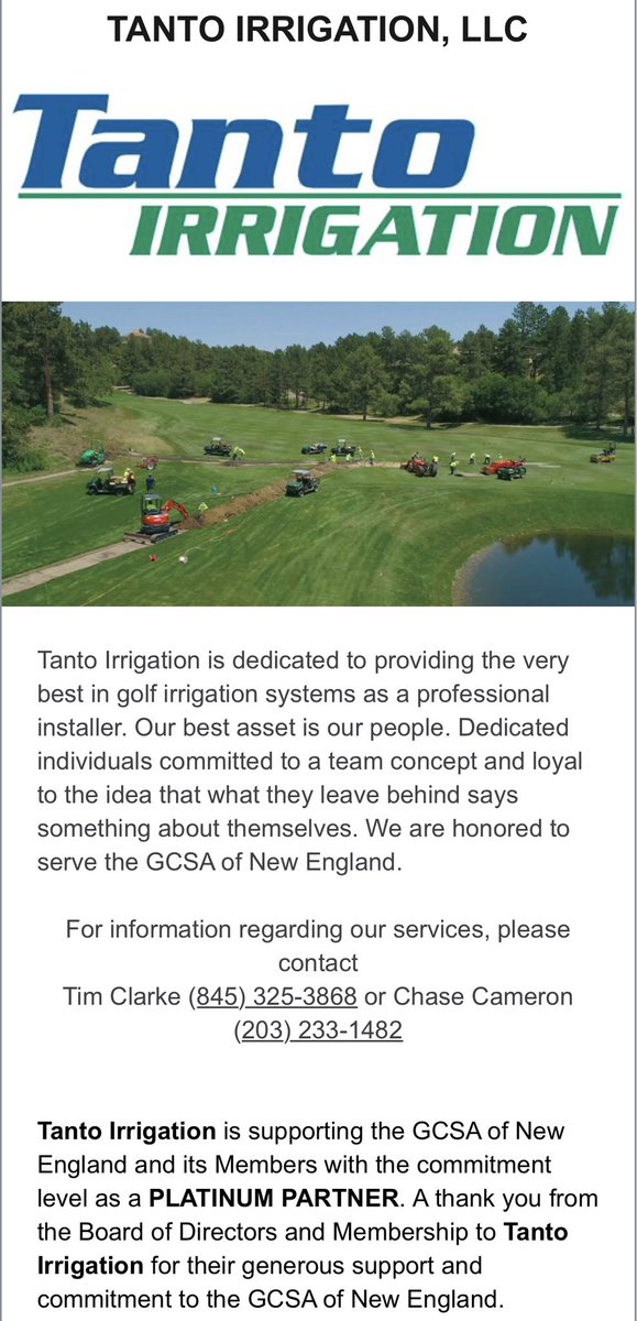 Tanto Irrigation is supporting the GCSA of New England and its Members with the commitment level as a PLATINUM PARTNER. A thank you from the Board of Directors and Membership to Tanto Irrigation for their generous support and commitment to the GCSA of New England.