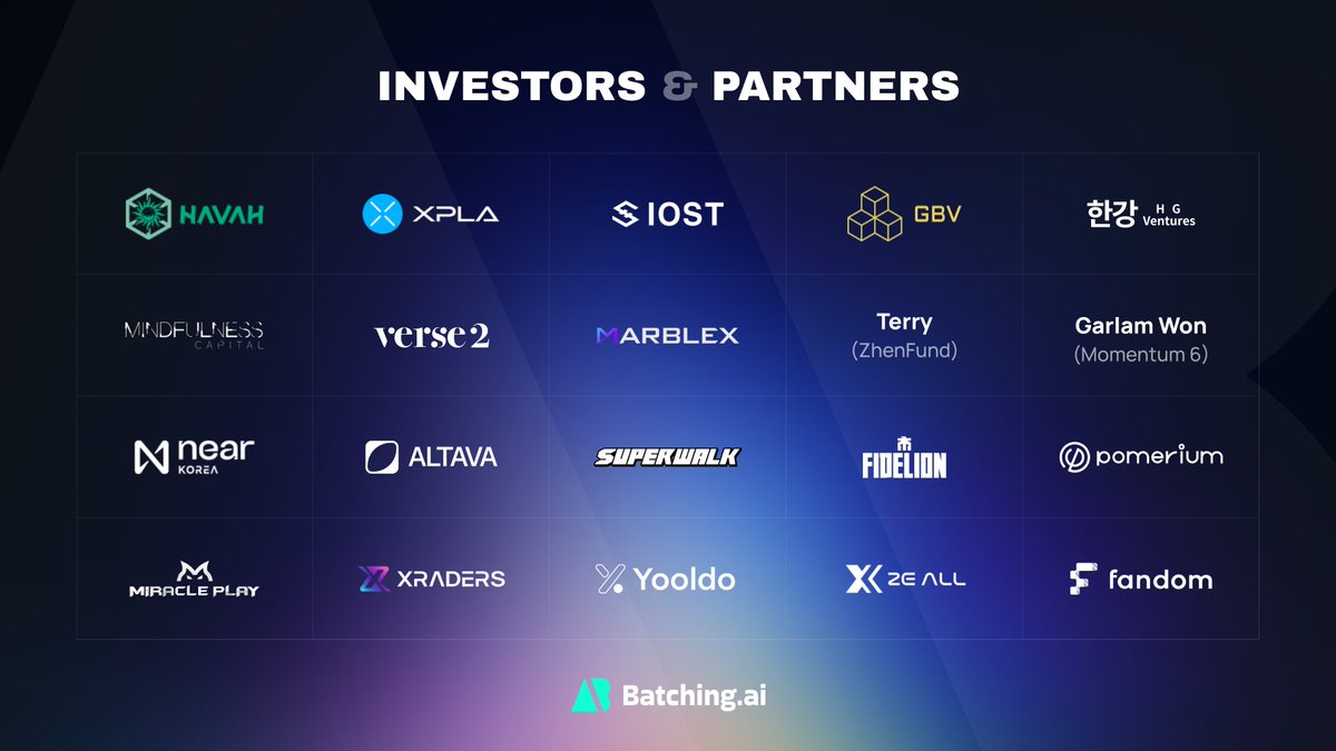 [Batching Friends]

💫 We are excited to reveal the investors and partners collaborating with Batching.AI.
🚀 We plan to continue updating, so please stay tuned!

Join the #Airdrop campaign now and get generous rewards!
▶️ batching.ai

#Batching #AI #NFT