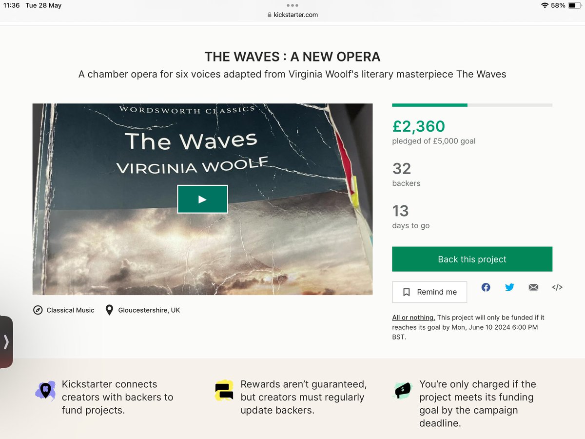 Mae Heydorn | Contralto (@maeheydorn) on Twitter photo Halfway there! Give £5 give £5000 for <a href="/LouisMander/">Louis Mander</a> ’s new opera based on the Waves by Virginia Woolf.
'The whole world is a work of art.. we are parts of the work of art..we are the words; we are the music; we are the thing itself.' VIRGINIA WOOLF
kickstarter.com Halfway there! Give £5 give £5000 for <a href="/LouisMander/">Louis Mander</a> ’s new opera based on the Waves by Virginia Woolf.
'The whole world is a work of art.. we are parts of the work of art..we are the words; we are the music; we are the thing itself.' VIRGINIA WOOLF
kickstarter.com