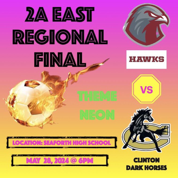Lady Hawks Soccer will play for the NCHSAA Regional Championship today and want to see the bleachers packed with Neon! This is the last HOME game of the season so time to bring it #SeaforthStronghold! Let’s go!!!#WeAreSeaforth!