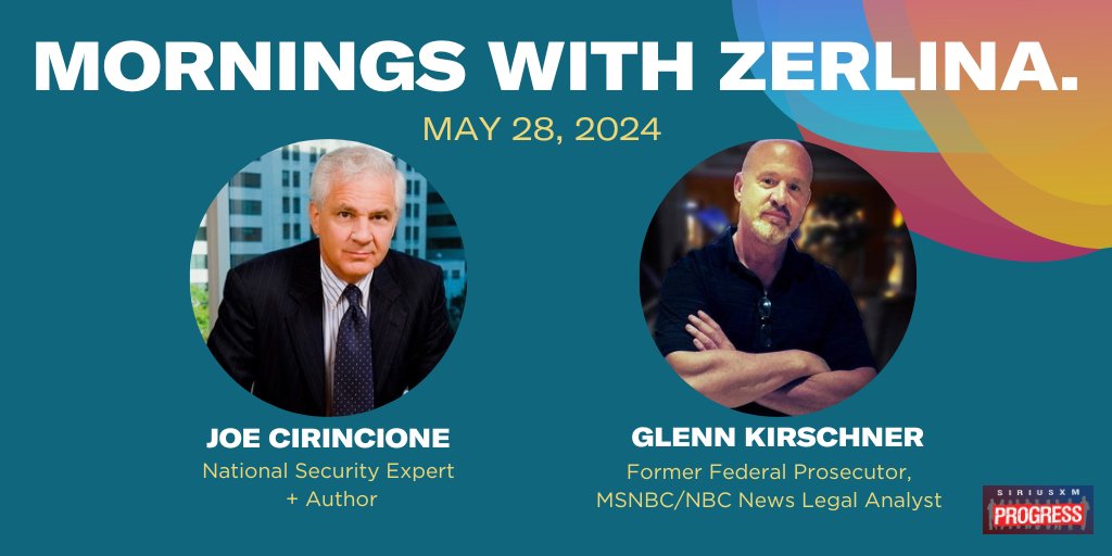 Tuesday tidings! Joining @ZerlinaMaxwell on the show this morning: National security analyst & author @Cirincione + Former federal prosecutor & @MSNBC @NBCNews legal analyst @glennkirschner2! 📻@SiriusXMProg Ch. 127 siriusxm.us/Zerlina