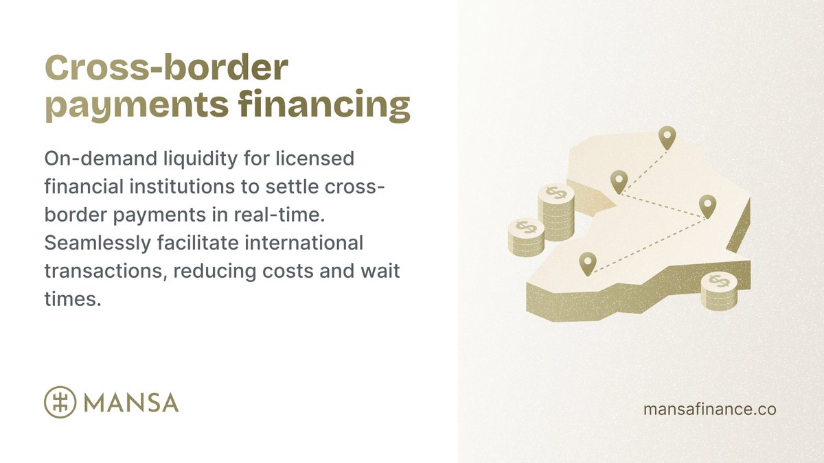 Mansa Finance powers tailored credit solutions, including cross-border payments financing. 

The credit line pool offers on-chain liquidity for financial institutions, ensuring instant settlement and by passing global pre-funding needs.

#mansafinance #crossborder