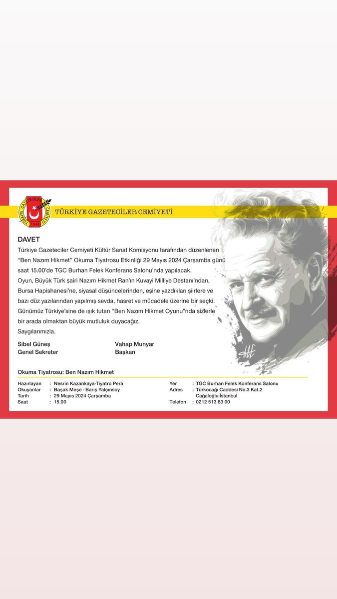 “Ben Nazım Hikmet” projemizi ilk kez, 29 Mayıs Çarşamba saat 15.00 de Türkiye Gazeteciler Cemiyeti’nde sergiliyoruz.