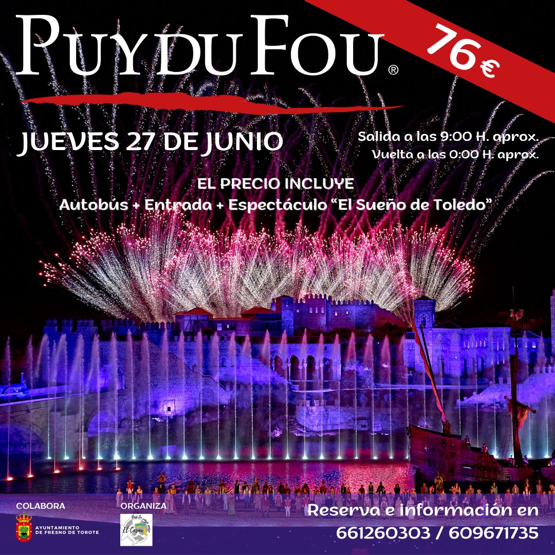 🚍 ¡Excursión a Puy du Fou el 27 de junio! 🎉 Las plazas son limitadas. Reserva e información a través de los teléfonos indicados en la imagen.

‼No te lo pierdas‼

#puydufouespaña #puydufou2024 #serracines #fresnodetorote