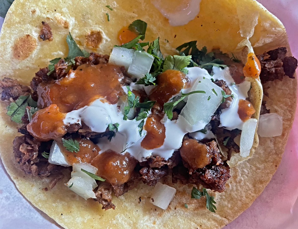 Three Vegan Beyond Tacos (with Onion, Cilantro & Vegan Sour Cream) at Hungry Tiger, a Vegan Friendly Bar in #PDX!

#vegantacos #vegantacotuesday #veganmexicanfood #veganmexican #veganmeat #beyondmeat #vegansourcream #vegandrink #veganoptions #vegan #veganfood #veganism #portland