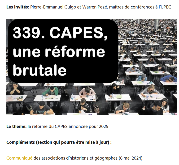 📢 nouvel épisode : 339. CAPES, une réforme brutale Une discussion enregistrée aujourd'hui pour éclairer les gros problèmes (de fond, de calendrier, de méthode) posés par la réforme annoncée du CAPES d'histoire-géo Un grand merci @WPezeMed @GUIGO_PE parolesdhistoire.fr/index.php/2024…