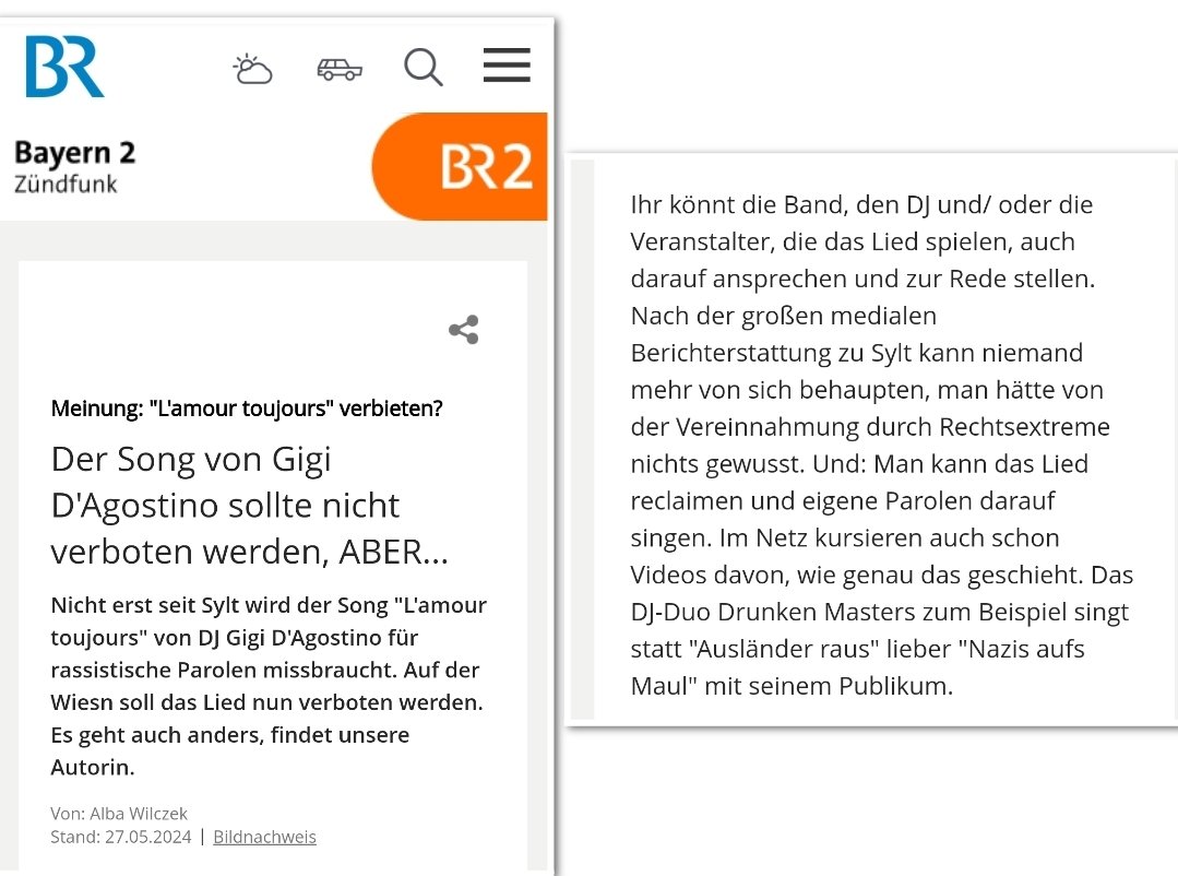 Alba Wilczek empfiehlt im BR Zündfunk, den Song 'L'amour toujours' zu reclaimen und eigene Parolen wie 'Nazis aufs Maul' darauf zu singen. #ReformOerr #OerrBlog