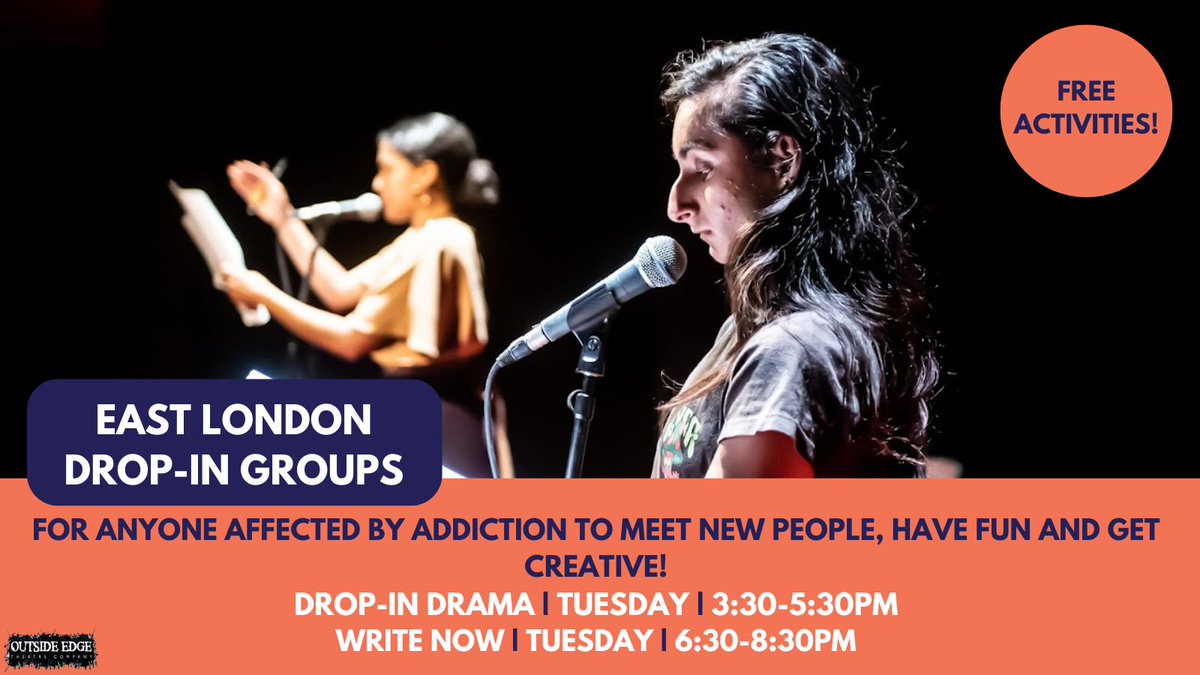 🌦️ Why not brighten up your Tuesday and come on down to our free Drop-in Drama & Write Now groups in East London today!

🎭Sign up today ✍️ Link in our Bio 🥳Hope to see you soon!!

#MentalHealthAwarenessWeek #MomentsForMovement #EastLondon #Drama #ArtsAndHealth #AddictionSupport