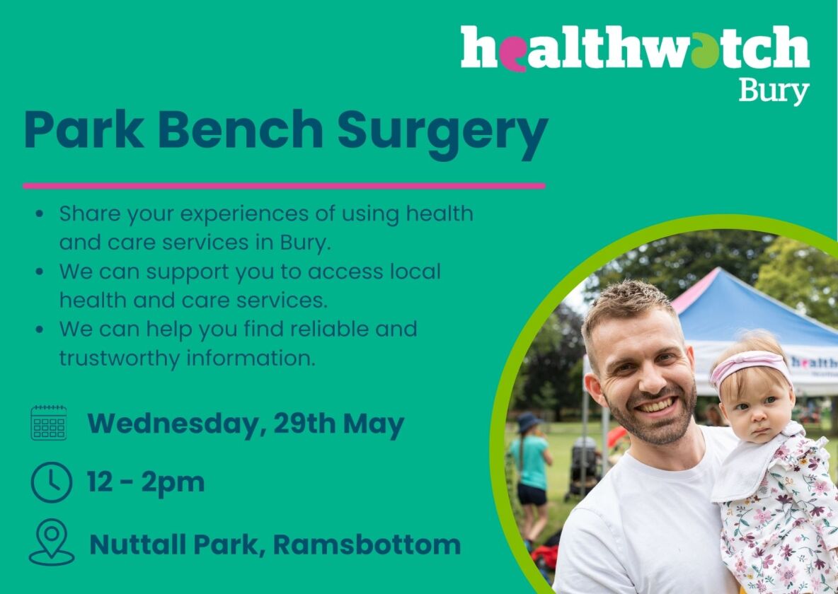 Weather permitting we will be @NuttallPark tomorrow (Wed 29th May) from 12 noon. Come along and share your experiences of using local health and care services. #Ramsbottom #Health