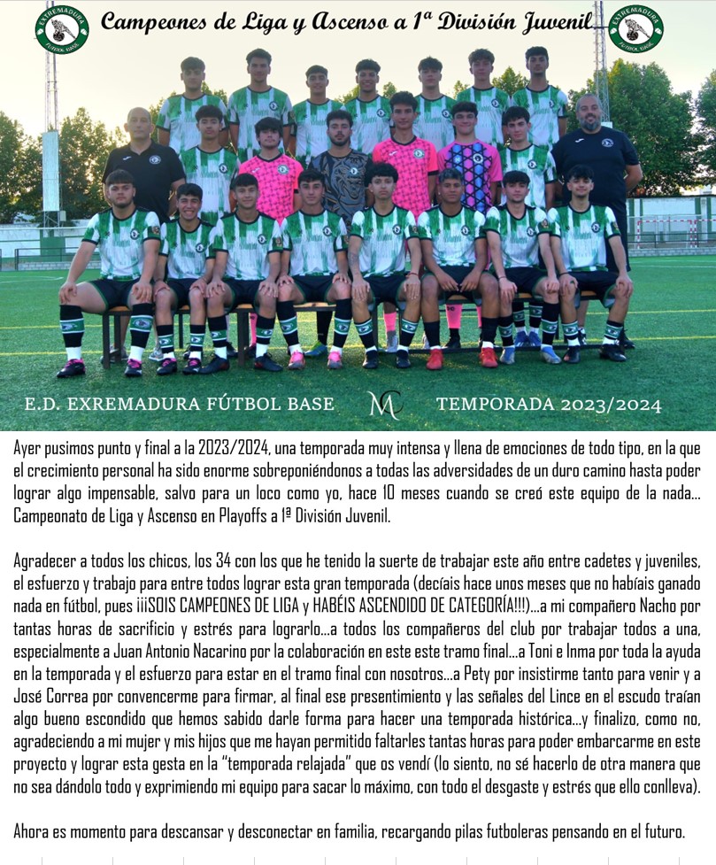 Cerramos una gran temporada 2023/2024 con la conquista del Campeonato de Liga y posteriormente el Ascenso a 1a División Juvenil 💪🏻💚🖤⚽ Agradecido a tod@s los que lo habéis hecho posible...Ahora a descansar y coger fuerzas para el futuro