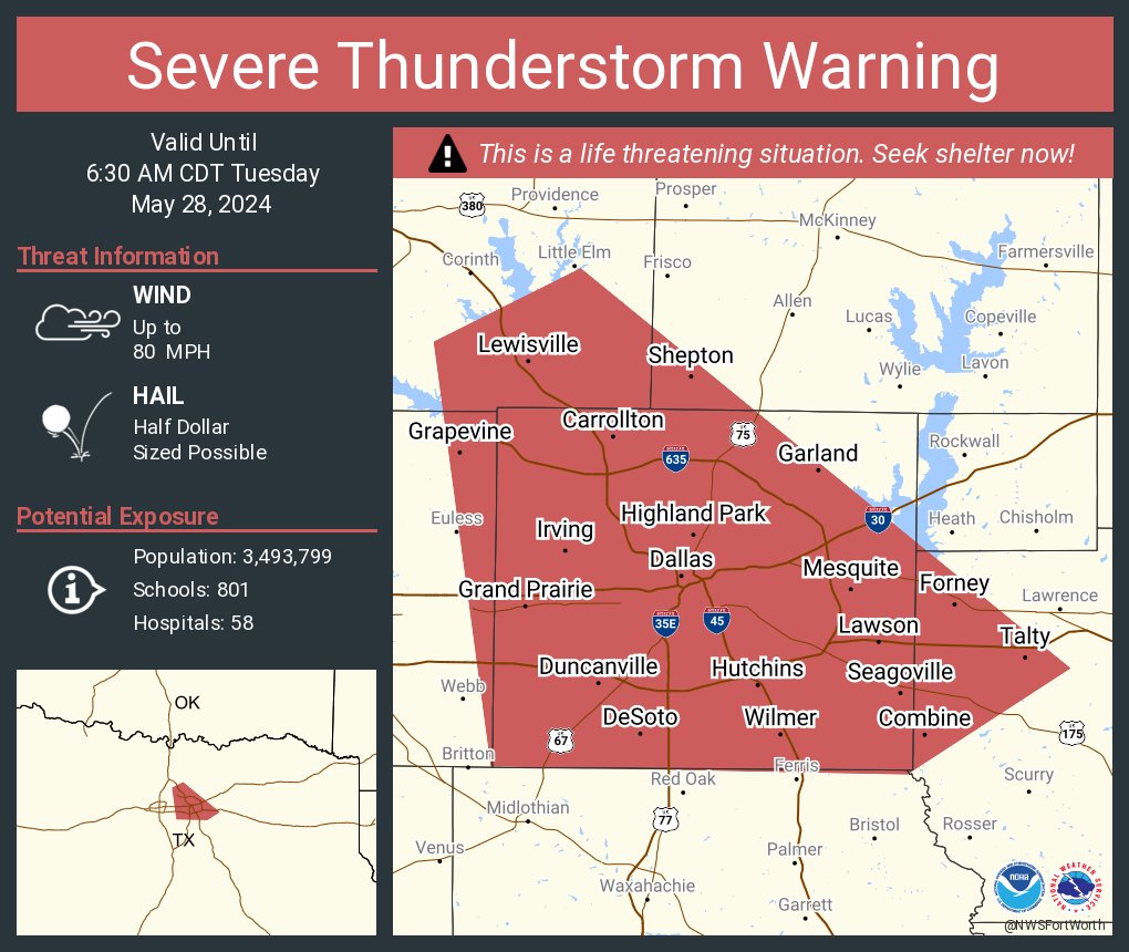 Severe Thunderstorm Warning including Dallas TX, Garland TX and Irving TX until 6:30 AM CDT. This destructive storm will contain wind gusts to 80 MPH!