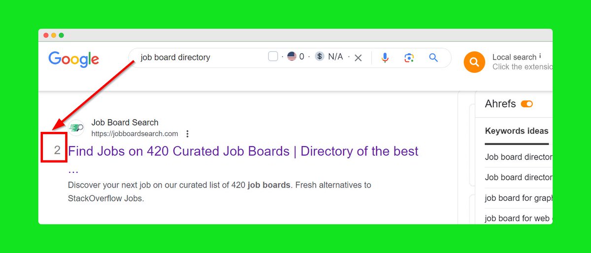 Today I've been analyzing GSC data 🧐

Seen that Impressions and Clicks for the query

'job board directory' increased 📈

Googled it...

And to my surprise @jobboardsrch ranks 2nd in the SERP 🥳

You gotta love SEO 🥰

#buildinpublic