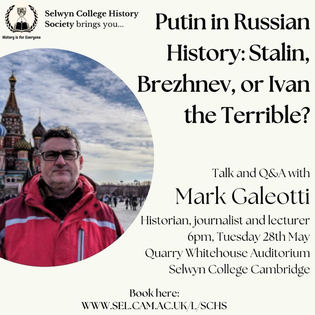 We’re looking forward to @MarkGaleotti talking at Selwyn tonight about Putin and Russian history. The event is fully booked in person, but everyone is welcome to join us online from 6pm BST: youtube.com/live/cdY0Ndf_C…