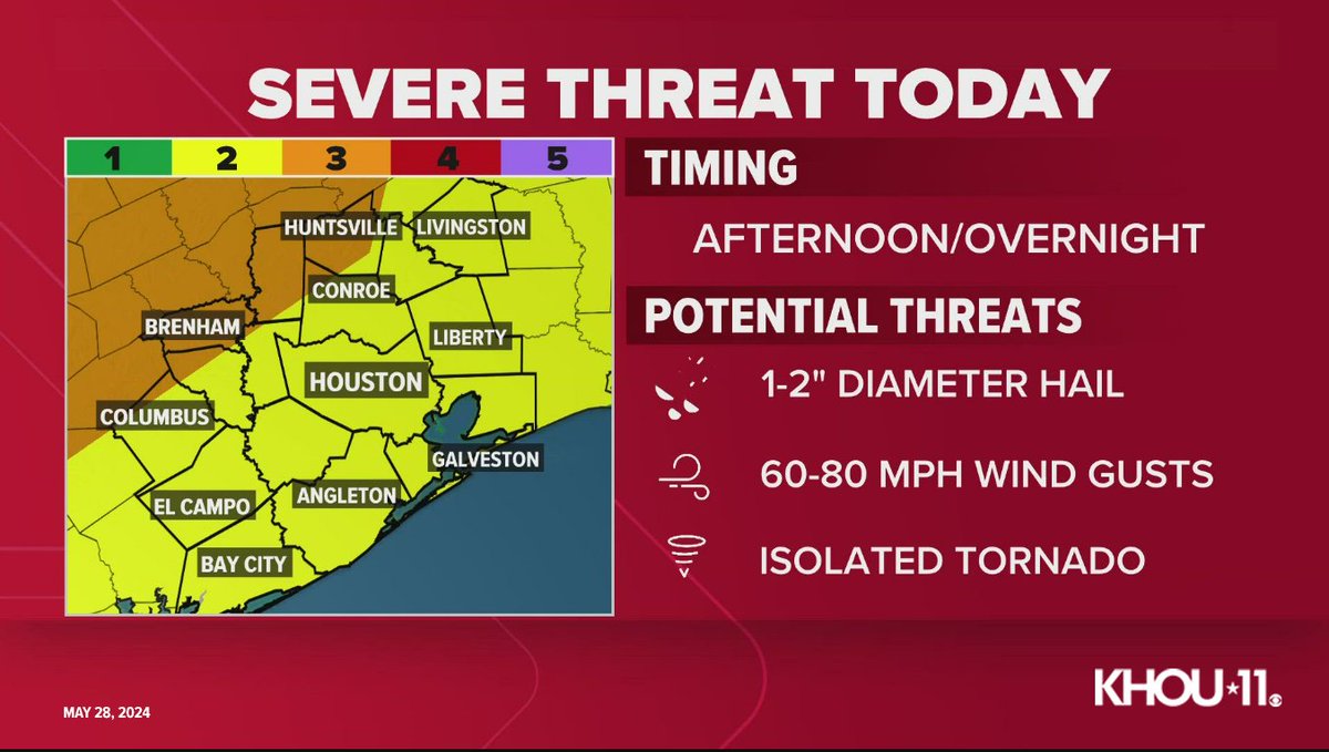 SEVERE WEATHER THREAT | Strong to severe storms are likely later today with damaging wind gusts and large hail possible. Check the full forecast: khou.com/video/weather/…