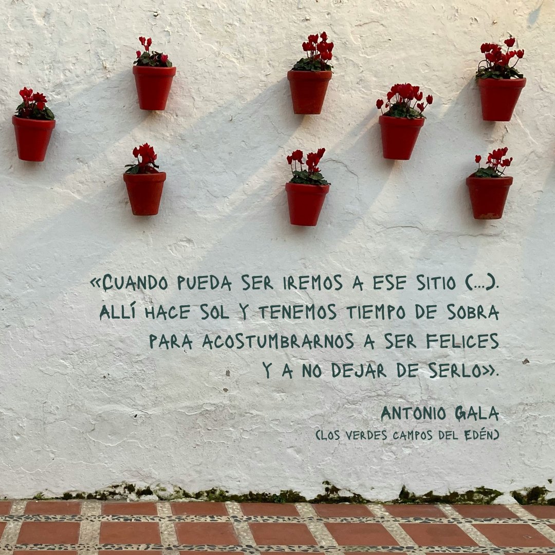 «Cuando pueda ser iremos a ese sitio (...). Allí hace sol y tenemos tiempo de sobra para acostumbrarnos a ser felices y a no dejar de serlo».

Antonio Gala, en el primer aniversario de su muerte 🖤

(de «Los verdes campos del Edén»)