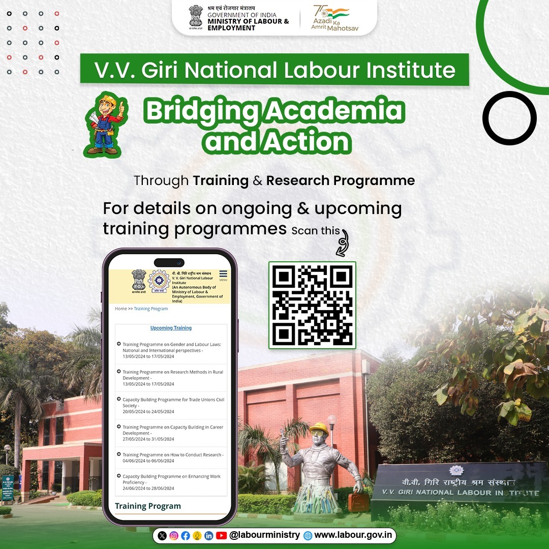 V.V. Giri National Labour Institute - An autonomous body under #MoLE provides online training and research programme on various subjects related to #LabourResearch and #Empowerment. Visit: vvgnli.gov.in/training for more details. #LabourMinistryIndia #LabourEmpowerment #VVGNLI