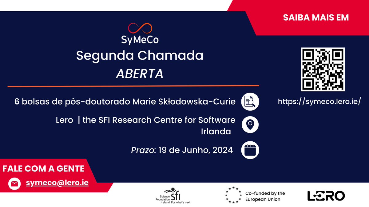 SyMeCo Fellowships (@symecocofund) on Twitter photo ☑️6 vagas <a href="/MSCActions/">Marie Skłodowska-Curie Actions</a> pós-doc no <a href="/LeroCentre/">Lero</a>, Irlanda
☑️Áreas do conhecimento: symeco.lero.ie/research-theme……
☑️Prazo: 19 de Junho 2024
<a href="/EuraxessBrasil/">Euraxess Brasil</a> <a href="/ufmg/">UFMG</a> <a href="/ufscaroficial/">UFSCar #UniversidadeEuDefendo</a> <a href="/ufpeoficial/">UFPE</a>
<a href="/usponline/">USP - Universidade de São Paulo</a> <a href="/UFRPEOnline/">UFRPE</a> <a href="/dipucrio/">DI / PUC-Rio</a> <a href="/uerj_oficial/">Uerj Oficial</a> <a href="/ufrj/">UFRJ</a> <a href="/unicampoficial/">unicampoficial</a> ☑️6 vagas <a href="/MSCActions/">Marie Skłodowska-Curie Actions</a> pós-doc no <a href="/LeroCentre/">Lero</a>, Irlanda
☑️Áreas do conhecimento: symeco.lero.ie/research-theme……
☑️Prazo: 19 de Junho 2024
<a href="/EuraxessBrasil/">Euraxess Brasil</a> <a href="/ufmg/">UFMG</a> <a href="/ufscaroficial/">UFSCar #UniversidadeEuDefendo</a> <a href="/ufpeoficial/">UFPE</a>
<a href="/usponline/">USP - Universidade de São Paulo</a> <a href="/UFRPEOnline/">UFRPE</a> <a href="/dipucrio/">DI / PUC-Rio</a> <a href="/uerj_oficial/">Uerj Oficial</a> <a href="/ufrj/">UFRJ</a> <a href="/unicampoficial/">unicampoficial</a>