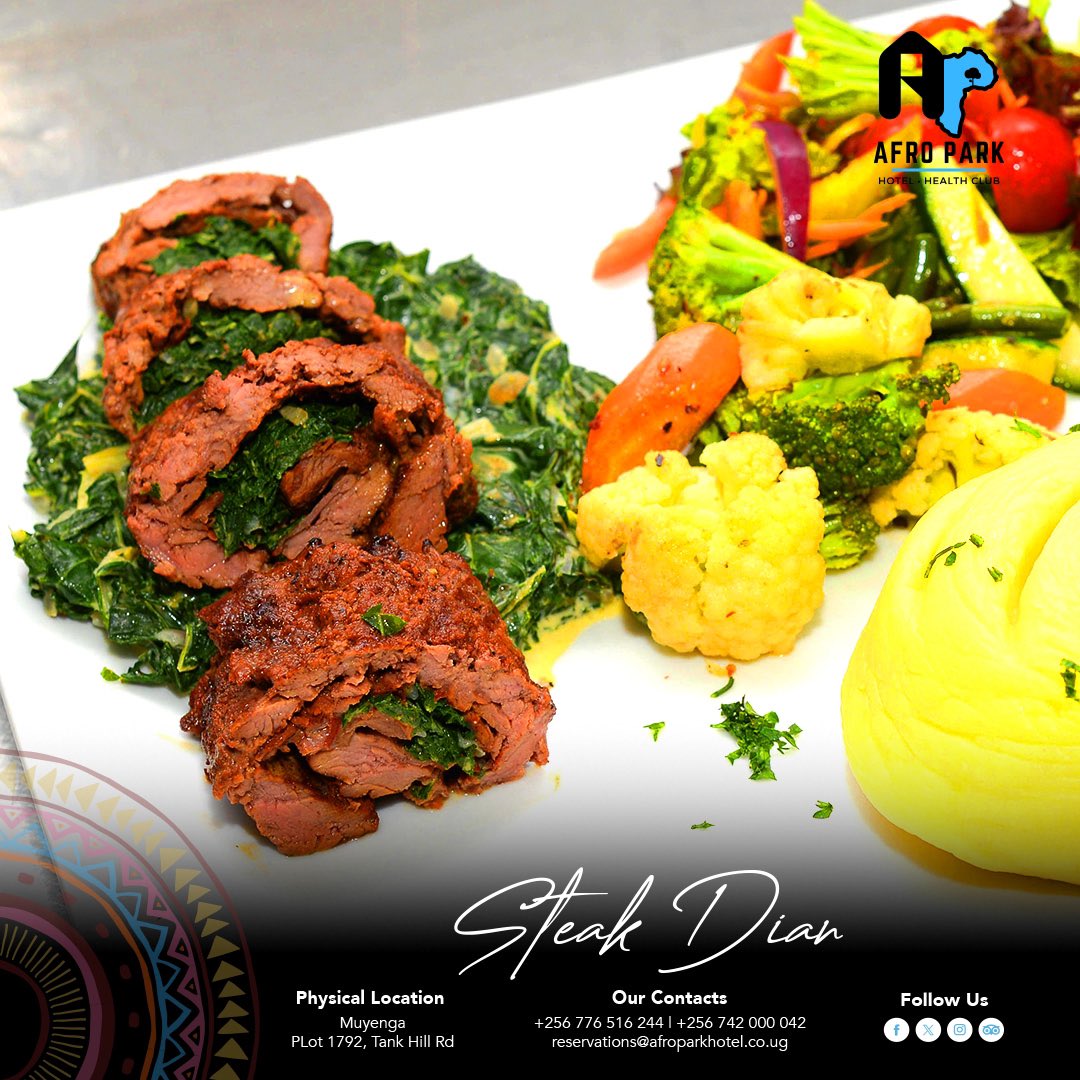 A mouth-watering dish prepared with tenderness and flavor to give you a spectacular and delicious dining moment at our restaurant. 

Welcome to AfroPark Hotel

📍Tank Hill Road, Muyenga. 
☎️0742000042 0776516224

 #foodlover #Namboole #steakdiane #deliciousfood  #afroparkmuyenga