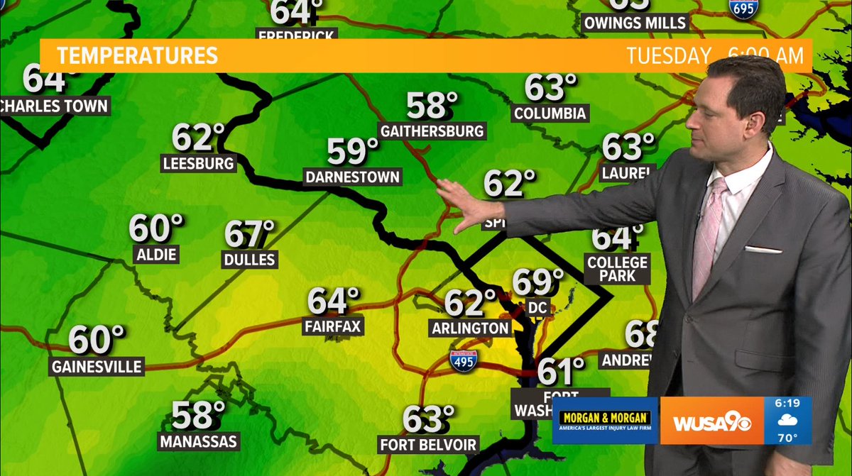 A #comfortable start this morning! After severe weather Monday afternoon and evening, temperatures are comfortable in the 50s and 60s with less humidity! Although humidity stays low today, there could be a stray afternoon shower or thunderstorm. #WUSA9Weather @WUSA9