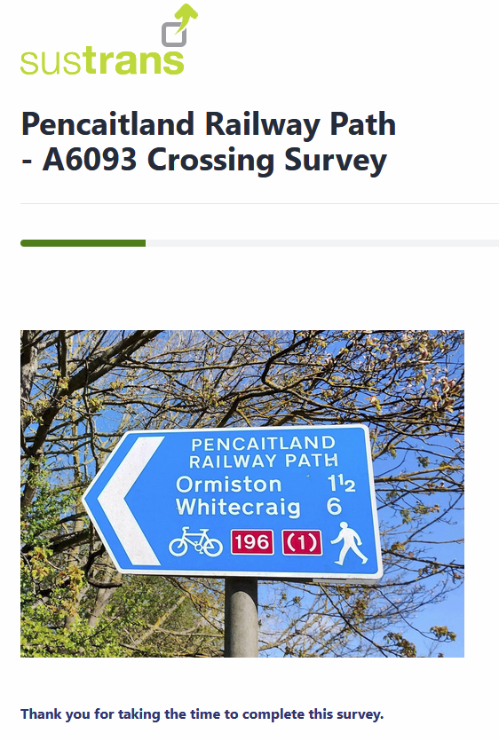 🙋‍♀️If you use #Pencaitland railway path🚲🧑‍🦽🚶‍♀️

<a href="/SustransScot/">SustransCymru</a> wants your comments
(especially about the #A6093 crossing)

HERE-->app.onlinesurveys.jisc.ac.uk/s/sustrans/rai…

<a href="/ShonaMcIn_SGP/">Shona McIntosh</a> <a href="/CllrForrest/">andrew forrest</a> <a href="/Shaminakhtar/">Cllr Shamin Akhtar</a> <a href="/mcmillwynd/">John McMillan</a> <a href="/norriehamp/">Councillor Norman Hampshire</a> <a href="/FionaDugdale1/">Cllr Fiona Dugdale</a> <a href="/colinmcginn/">Cllr Colin McGinn</a> <a href="/Lee_AnneMenzies/">Lee-Anne Menzies</a> <a href="/EdinNightRide/">EdinburghNightRide 🚴‍♀️🏴󠁧󠁢󠁳󠁣󠁴󠁿🌻</a>