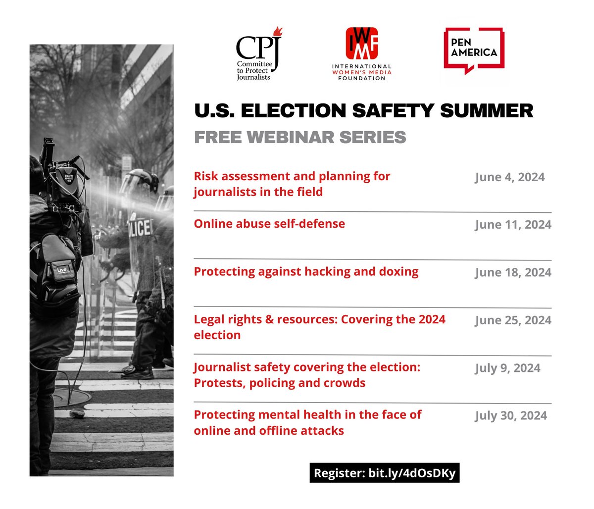 Are you a journalist covering the U.S. election? Join us for U.S. Election Safety Summer, a free webinar series by the Committee to Protect Journalists, @IWMF, and @PENAmerica. More information: pen.org/event/u-s-elec… #ElectSafely #JournalistSafety #CPJEmergencies