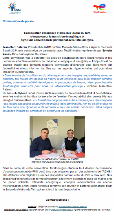 Dans le cadre de notre partenariat commun🤝, l’association des maires du Tarn et TotalEnergies sont fiers d’annoncer leur coopération. A ce titre, vous trouverez le communiqué de presse📰 ci-joint. 
#tarn #amf #SMELT2024