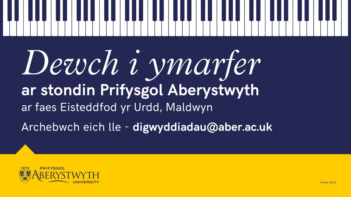 🎹 Chwilio am allweddellau a lleoliad i ymarfer yn ystod Eisteddfod yr Urdd? 🎵 Dewch i ymarfer ar stondin Prifysgol Aberystwyth. Bydd croeso cynnes yn aros amdanoch! 📩 Cysylltwch i gadw lle i ymarfer digwyddiadau@aber.ac.uk 👉 aber.ac.uk/cy/urdd