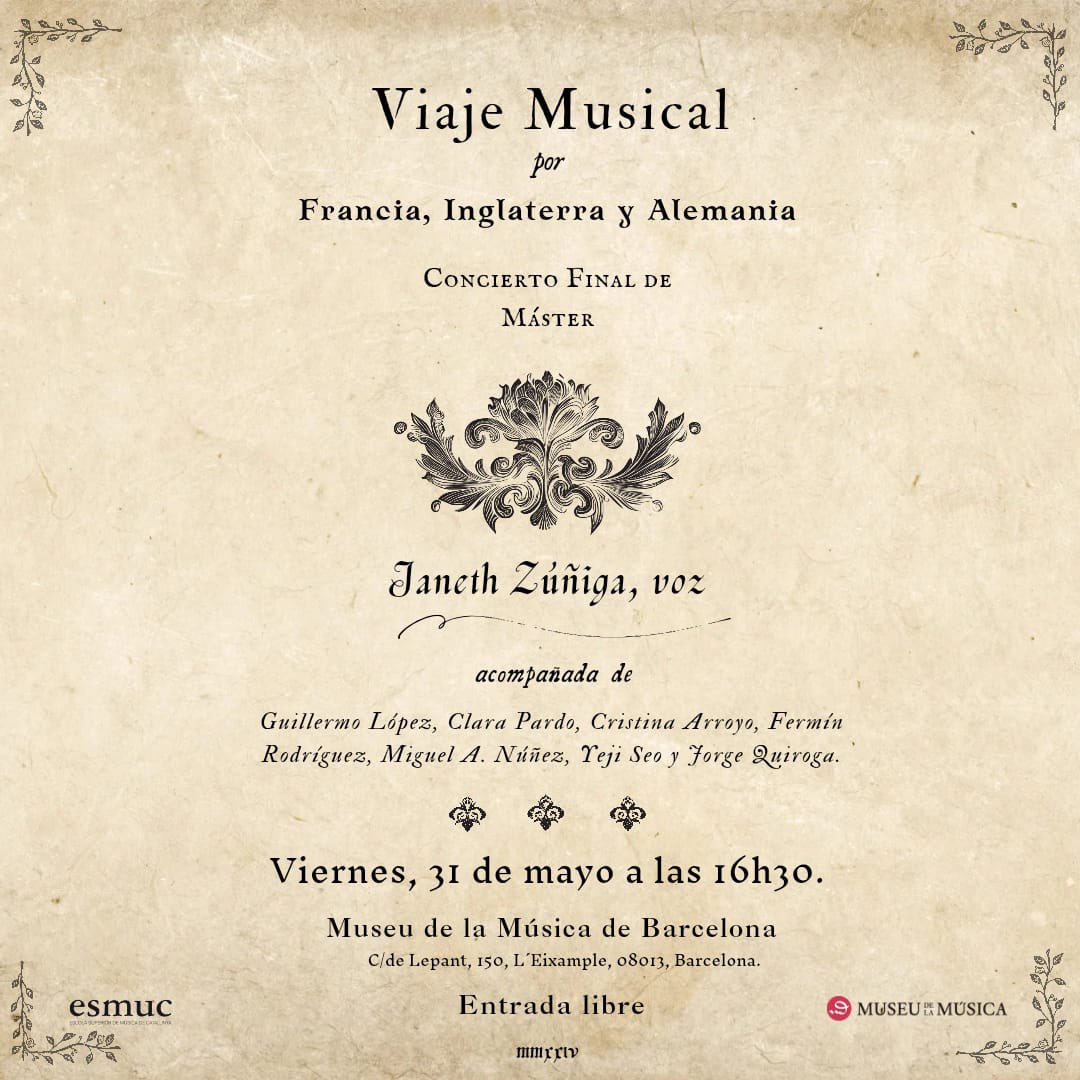 Concerts finals dels alumnes del Màster de Interpretació de la #MúsicaAntiga (#MIMA) del @EsmucAntiga de l’@esmuccat en col·laboració amb la @UABBarcelona 

 Recital de JANETH ZÚÑIGA al @museumusicabcn 
 
TELEMANN, HAENDEL, STUCK, BOUSSET i BLOW
  
#EarlyMusic