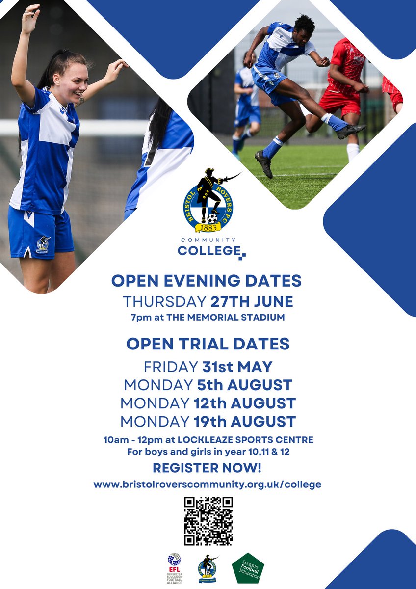 ⚽ This Friday we host our next 'Open Trials' 🤝 If you're in Year 11, then this is the perfect chance to find out about our football programme and meet our coaches. ℹ️ Register online by clicking below ⬇️🔵⚪ bristolroverscommunity.org.uk/college #4Quarters1Community