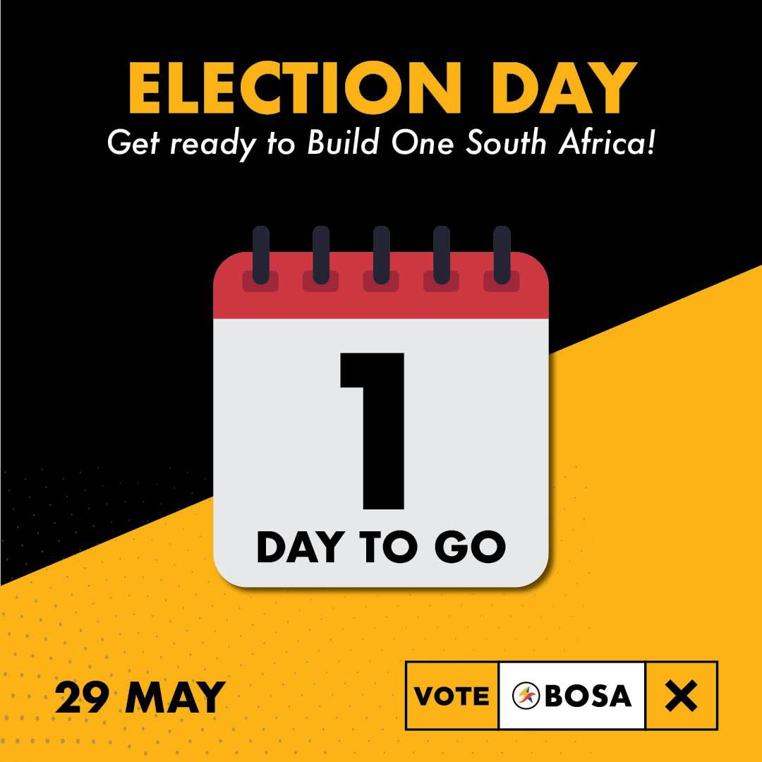 BuildOneSA's tweet photo. 1 Day to go until Election Day in South. Vote Build One South Africa with Mmusi Maimane on the 29th May 2024.

#VoteBOSA2024 #MmusiMaimane #SAElections24 https://t.co/LqLFichLZe