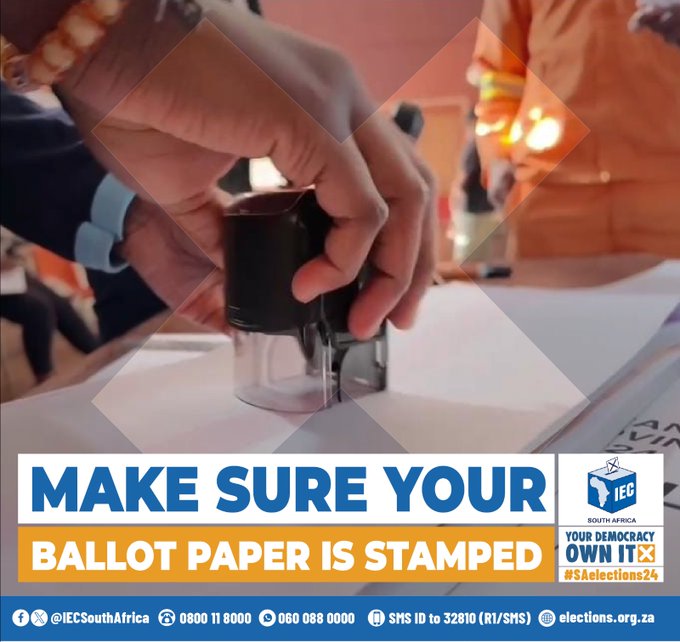 Make sure your ballot papers have been stamped by IEC officials before putting your marked ballots in the ballot box, or else they won’t be counted. #SAelections24 #EveryVoteCounts