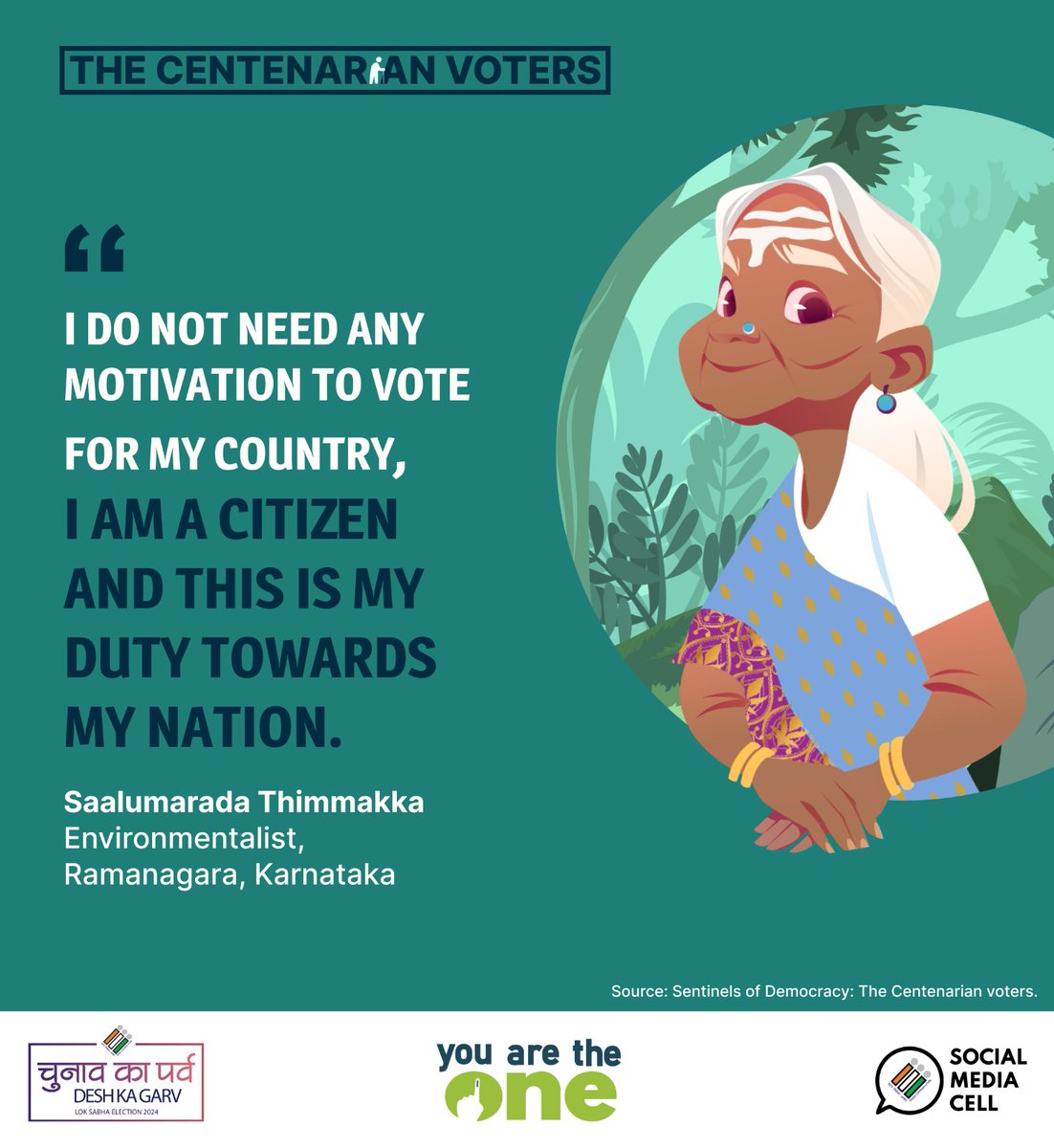 Evergreening democracy! Padma Shri Awardee, environmentalist and a centenarian voter, Saalumarada Thimmakka shared her message for voters. #YouAreTheOne #ChunavKaParv #DeshKaGarv #Elections2024