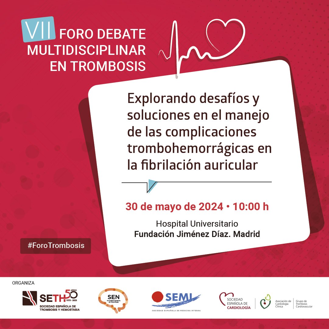 📢Hoy tendrá lugar el VII Foro de Debate Multidisciplinar en #Trombosis #ForoTrombosis 🗓️30 de mayo de 2024. 10:00 a 16:30. 📍Tendrá lugar en el @Hospital_FJD fesemi.org/congresos/vii-… #SEMITuit #MedicinaInterna @Sociedad_SEMI @mmartinasenjo