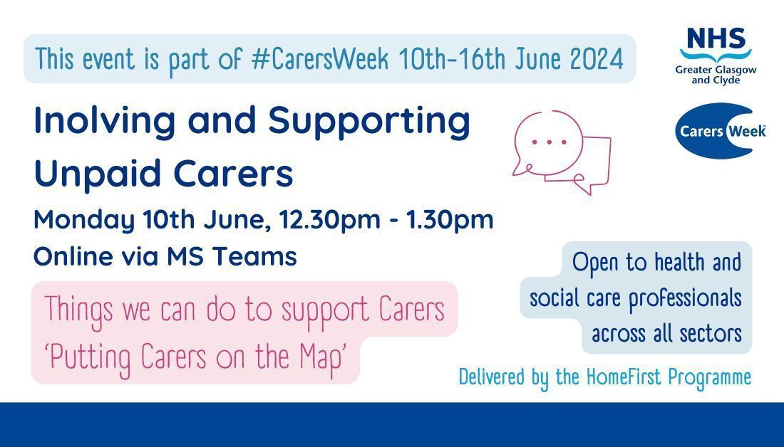 #PuttingCarersOnTheMap #CarersWeek 

How we can encourage carers to recognise their role, refer for carer support and duties to involve carers in discharge planning.

To book ➡ buff.ly/3V966RA

@EastDunHSCP @GCHSCP @WDCouncil @RenHSCP @InverclydeHSCP @erhscp @nhsggc