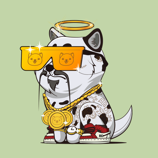A cute baby doge NFT with dalmatian fur and gold eyes wears a Rick Doge outfit and a gold halo headwear. With a Miagi mouth, it stands on a yellow mint background, ready to conquer the world with its cuteness.