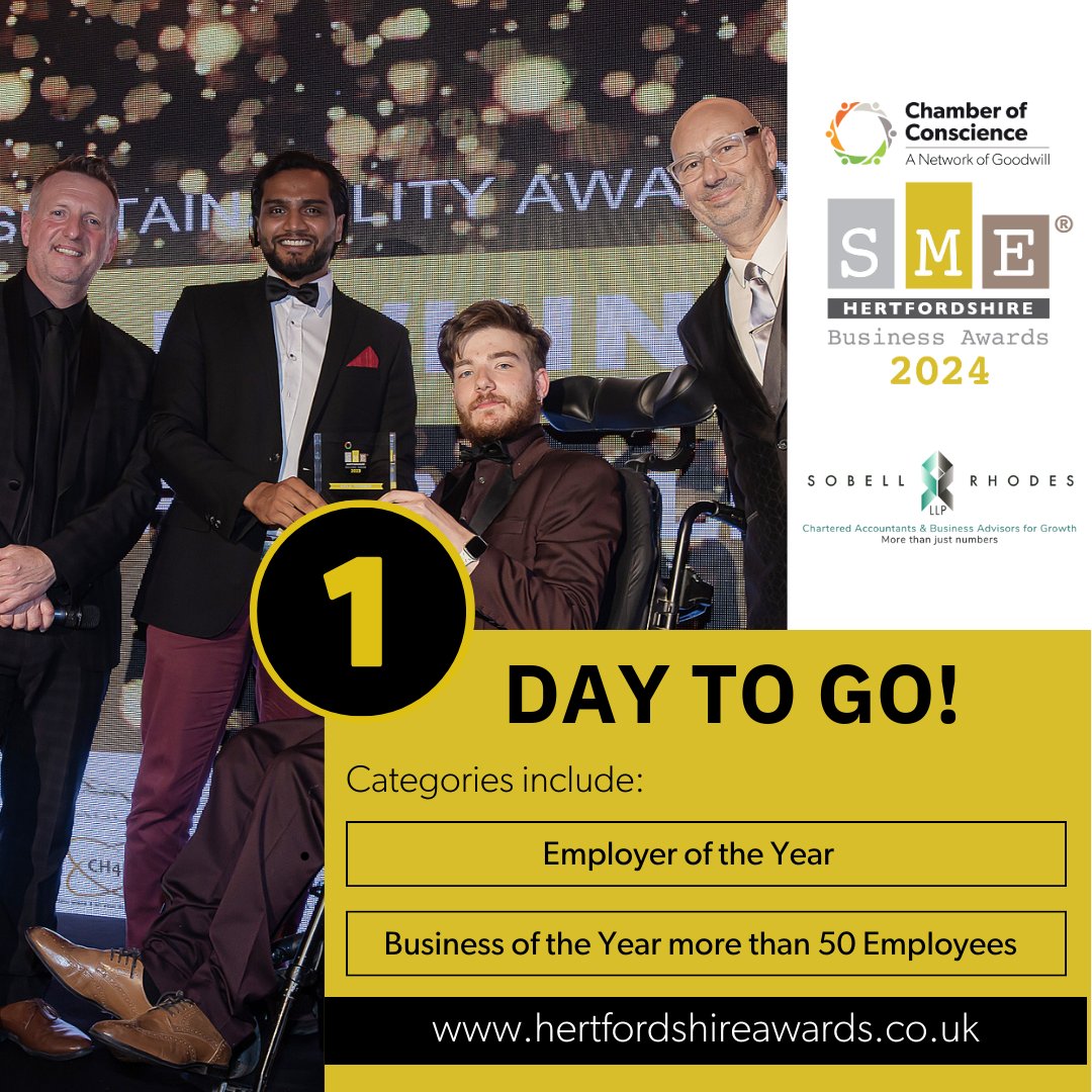 🆘ONE day to go till our SME Extended Entries close! 🥳 The SME Hertfordshire Business Awards provide an excellent opportunity for SMEs in Hertfordshire to enhance their visibility, and applaud excellence in our county. Begin your entry TODAY 👉 tinyurl.com/586h6ss9