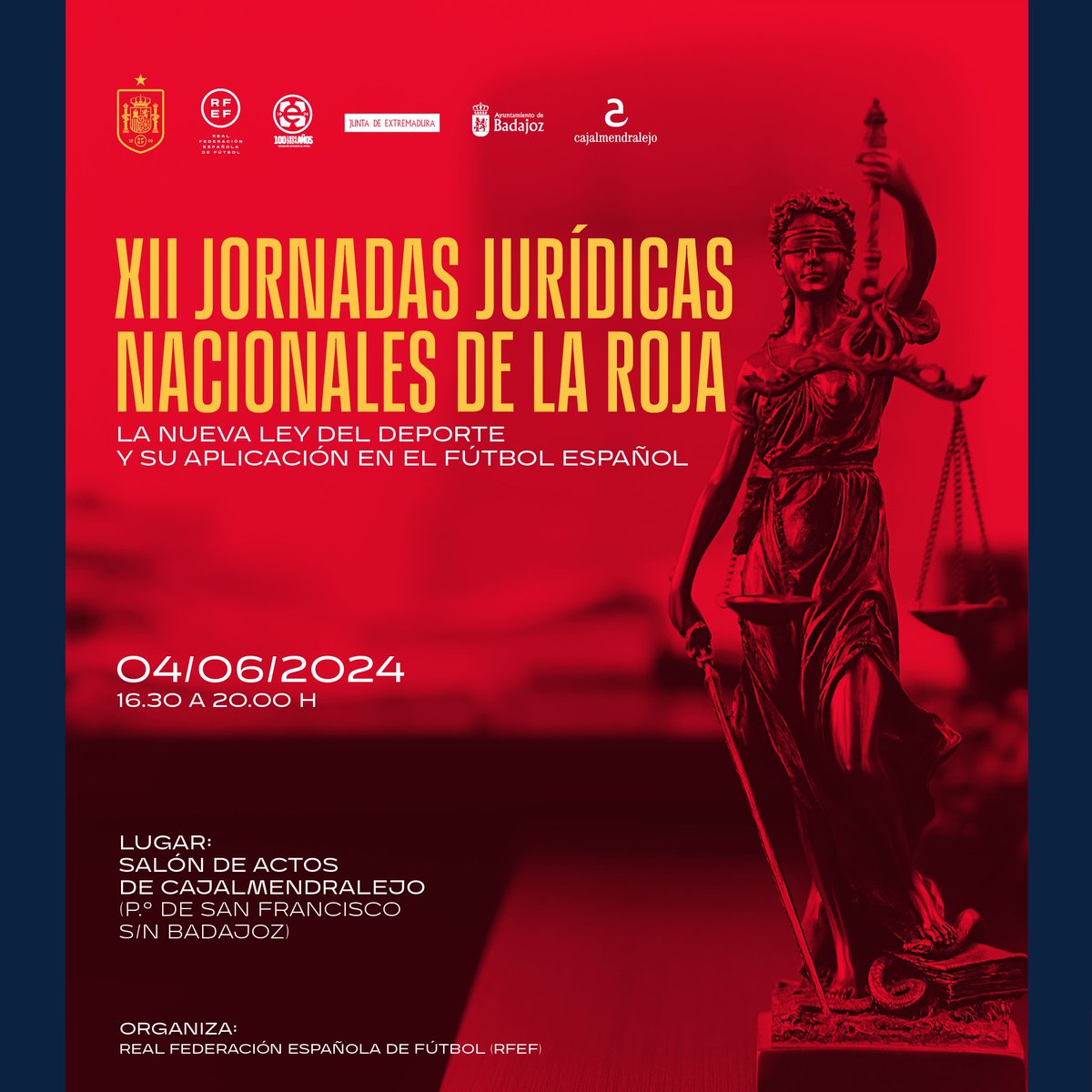 ⚖ Las Jornadas Jurídicas de 'La Roja' llegan a Badajoz con motivo del España 🇪🇸 - 🇦🇩 Andorra. 📅 Martes, 4 de junio ⏰ De 16:30 a 20:00 horas 📍 Salón de Actos de Cajalmendralejo (Badajoz) ℹ️ rfef.es/es/noticias/la…