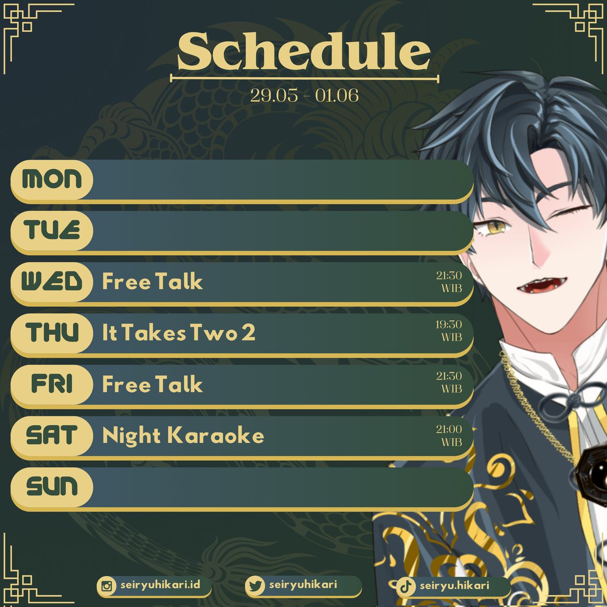 Daily Schedule 29 May 2024 - 1 June 2024

#SeiryuHikari #vtuber #vsinger #vtuberid #vtuberindonesia #vtuberschedule