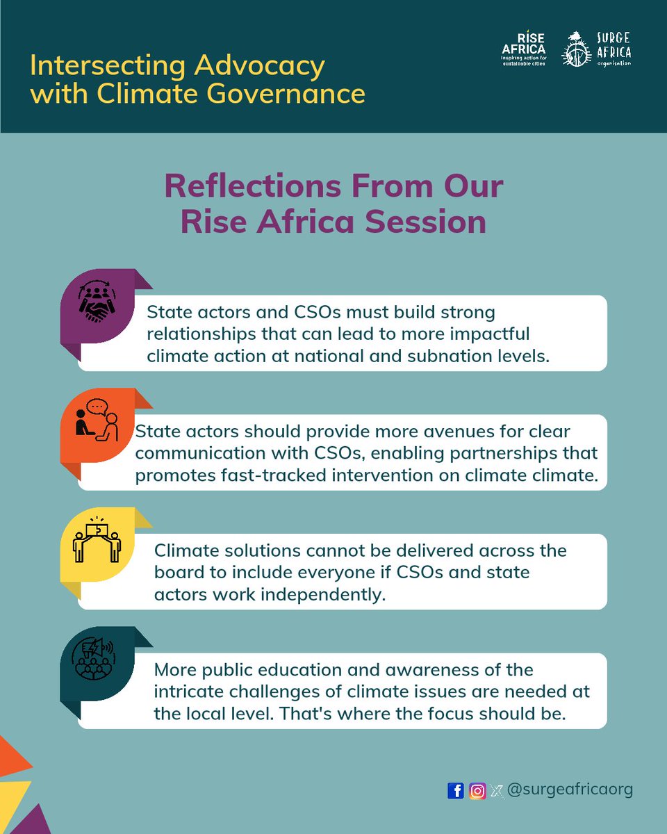 Powerful reflections at #RISEAfrica2024! Our session explored how advocacy intersects with climate governance. Indeed collaboration & a united voice are key to a sustainable future. #SurgeAfricaOrg #Climateadvocacy #Climategovernance